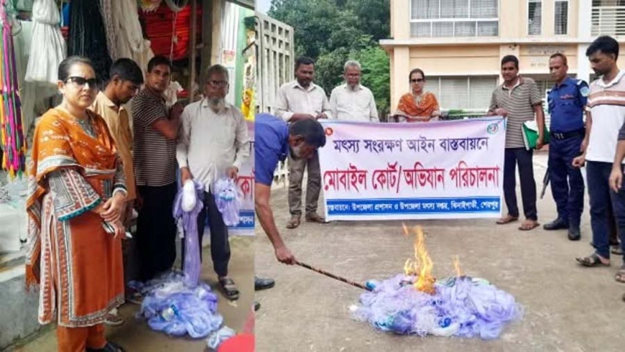 ঝিনাইগাতীতে ৬ হাজার মিটার নিষিদ্ধ কারেন্ট জাল ধ্বংস