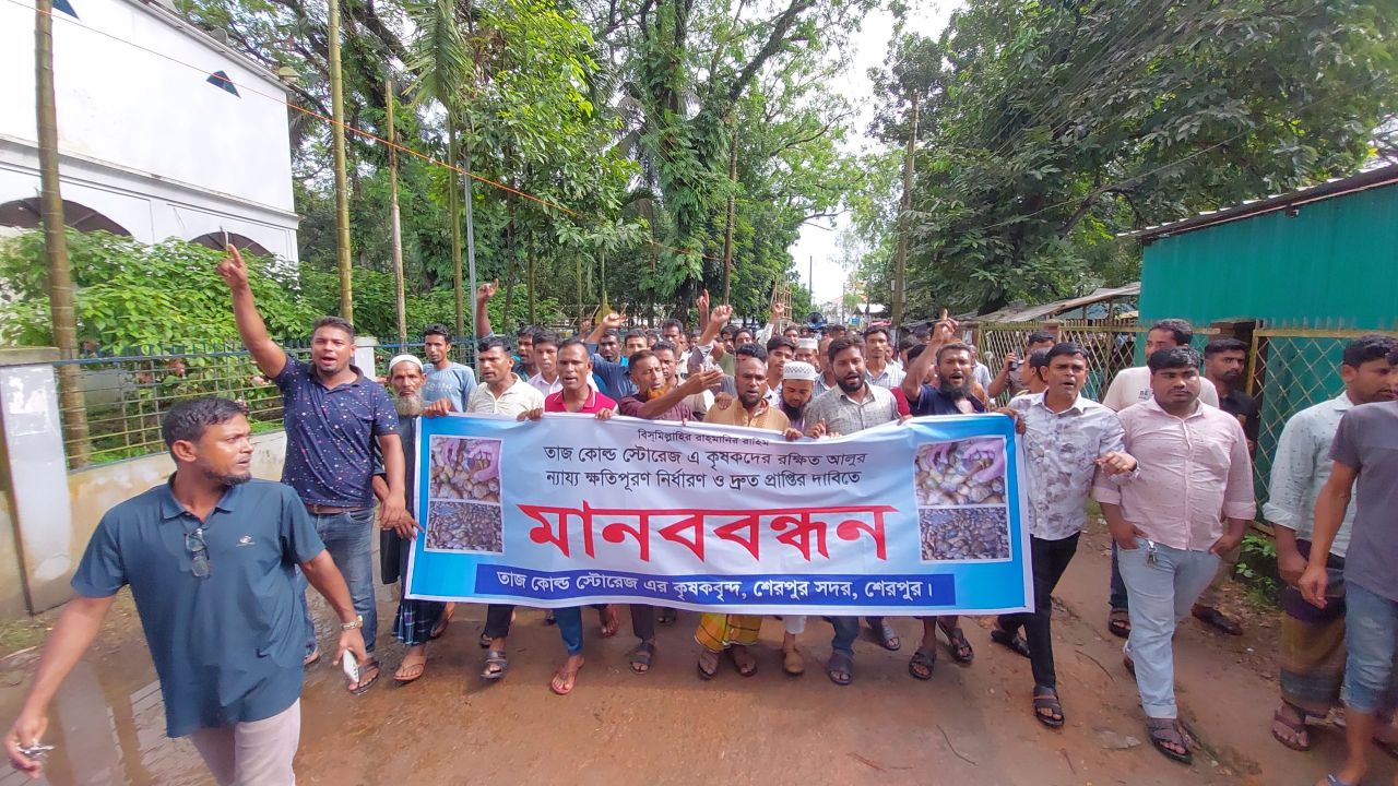 শেরপুরে কোল্ড স্টোরেজে নষ্ট আলুর ন্যায্য ক্ষতিপূরণ দাবিতে কৃষকদের মানববন্ধন