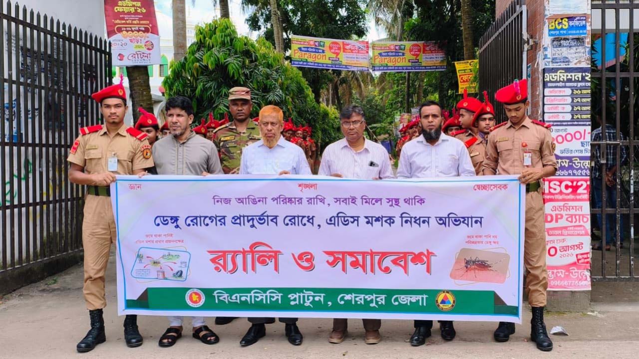 শেরপুরে ডেঙ্গু প্রতিরোধে বিএনসিসির র‍্যালি ও মশক নিধন অভিযান